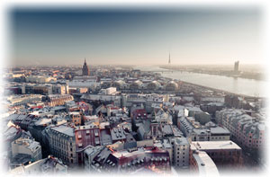Blick aus der Vogelperspektive auf Teile von Riga.